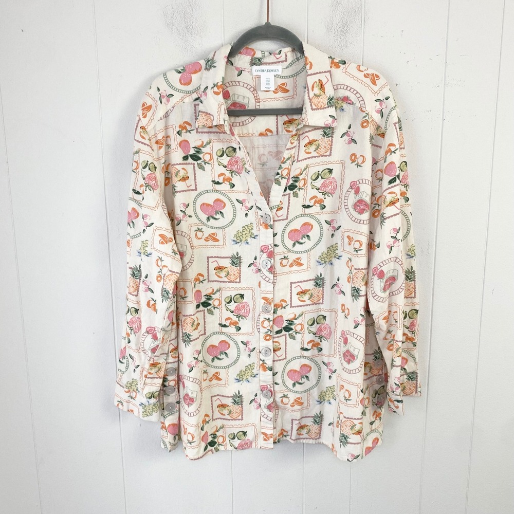 Cynthia Rowley Tropical Fruit Stamp Print Linen Blend Button Up Shirt Womens 1X